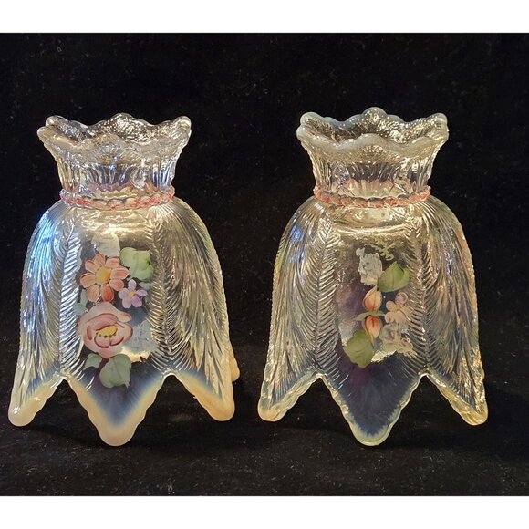 Vintage Hand-Painted Clear Glass Tulip-Style Candle Holders With Floral Design - Picture 2 of 10